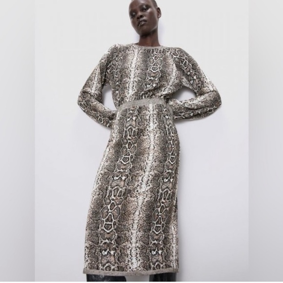 Zara reptile Snake Animal print long sleeve knit midi Sweater dress size M - Picture 7 of 15